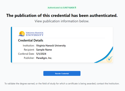 Publication authenticated example showing SuretyLock verification information